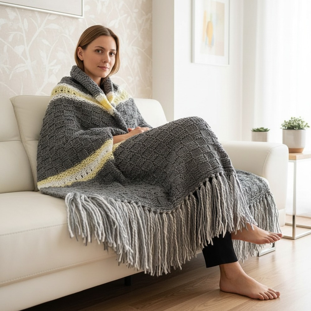NEW Gray Yellow White Handmade Knitted Afghan Throw Hand‎ Knit Gift Gifts Fringe